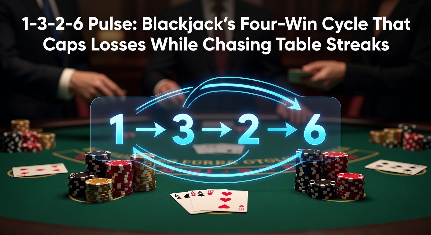 Illustration of the 1-3-2-6 betting progression cycle on a blackjack table, showing unit bets escalating through wins and resetting after four successes or a loss