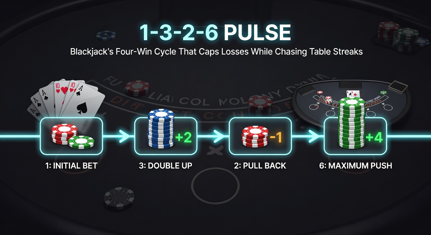 Chart depicting 1-3-2-6 progression outcomes over multiple cycles, with green bars for wins, red for losses, and net bankroll trajectory