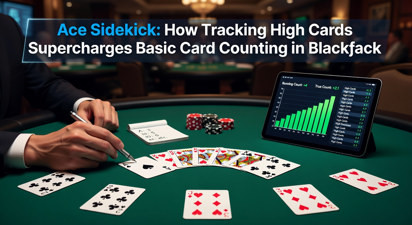 Blackjack shoe and chips on a casino table, with a notepad sketching ace counts and running tallies for strategy visualization