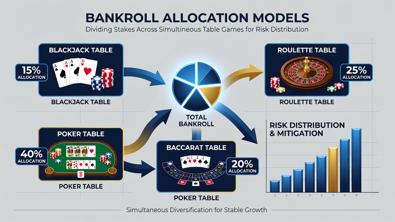 Casino floor scene with multiple tables in operation and overlaid allocation charts