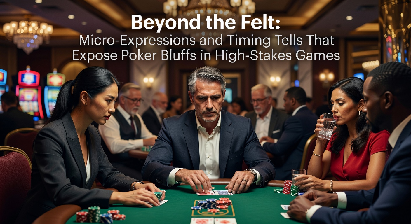 High-stakes poker table with players mid-hand, one hesitating over a bet decision revealing a timing tell