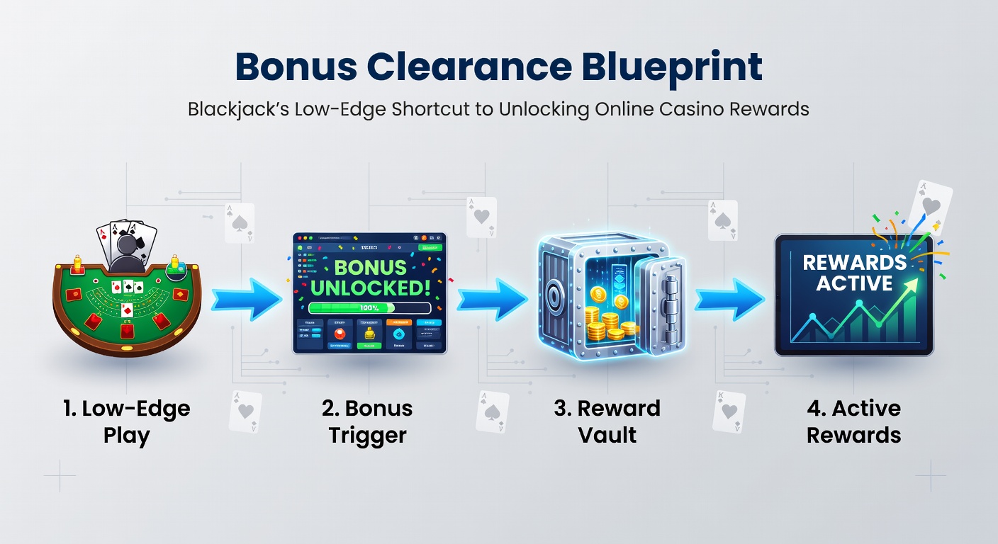 Screenshot of an online blackjack table displaying a cleared bonus progress bar at 100%, with chips and cards in mid-action
