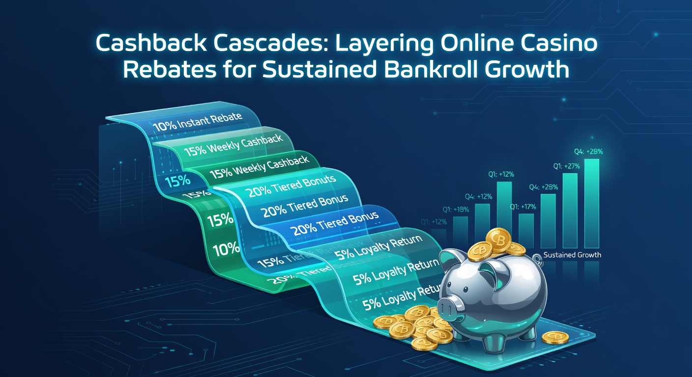 Visual representation of cashback rebates flowing like ripples across multiple online casino platforms, building a growing bankroll