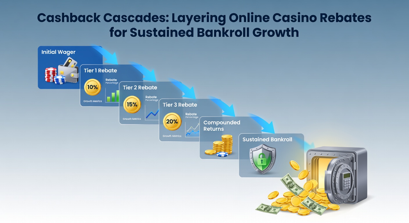 Diagram showing layered cashback flows from multiple casinos feeding into a central bankroll, illustrating sustained growth over time