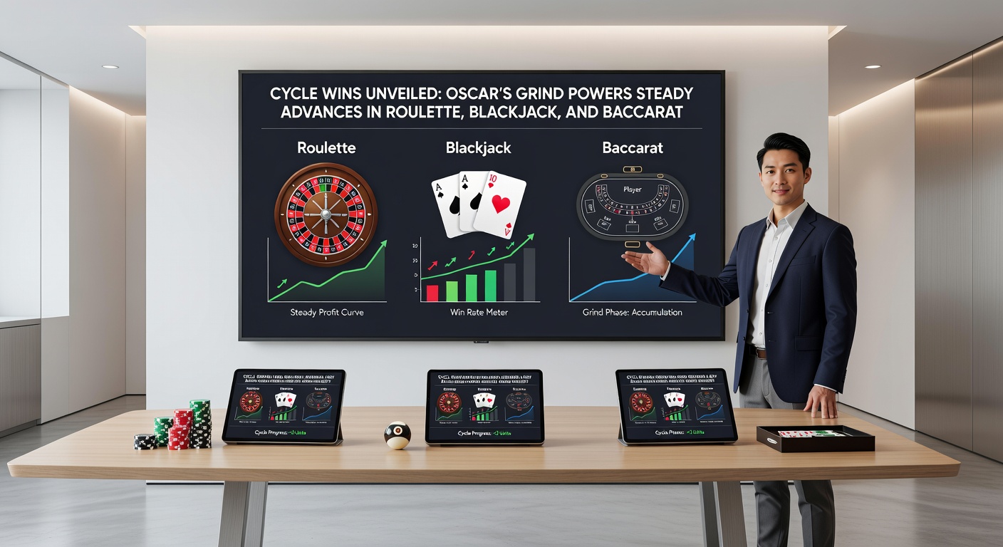 Close-up of a blackjack table with chips arranged in an Oscar's Grind progression pattern during a winning hand