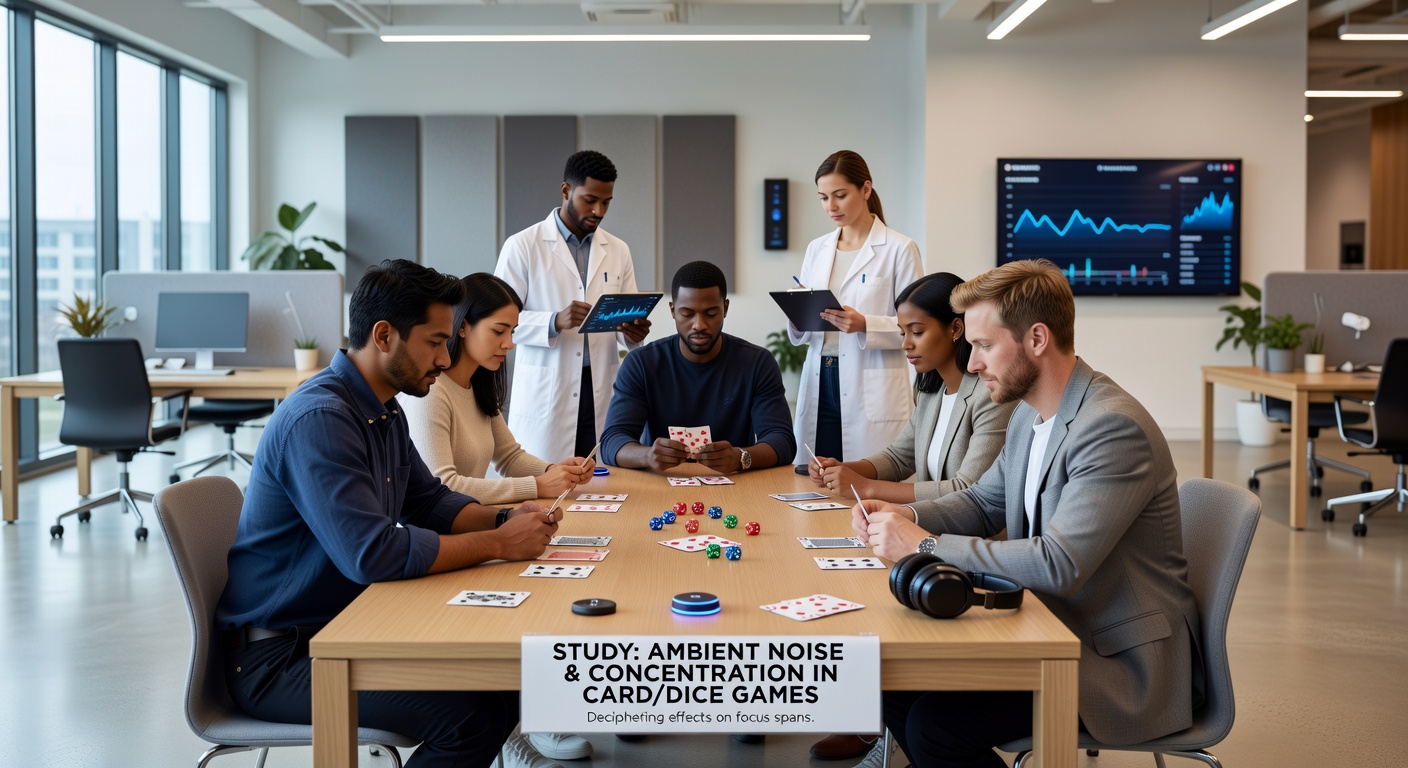 Players engaged in a lively card game at a communal table with background casino noise visible in the environment
