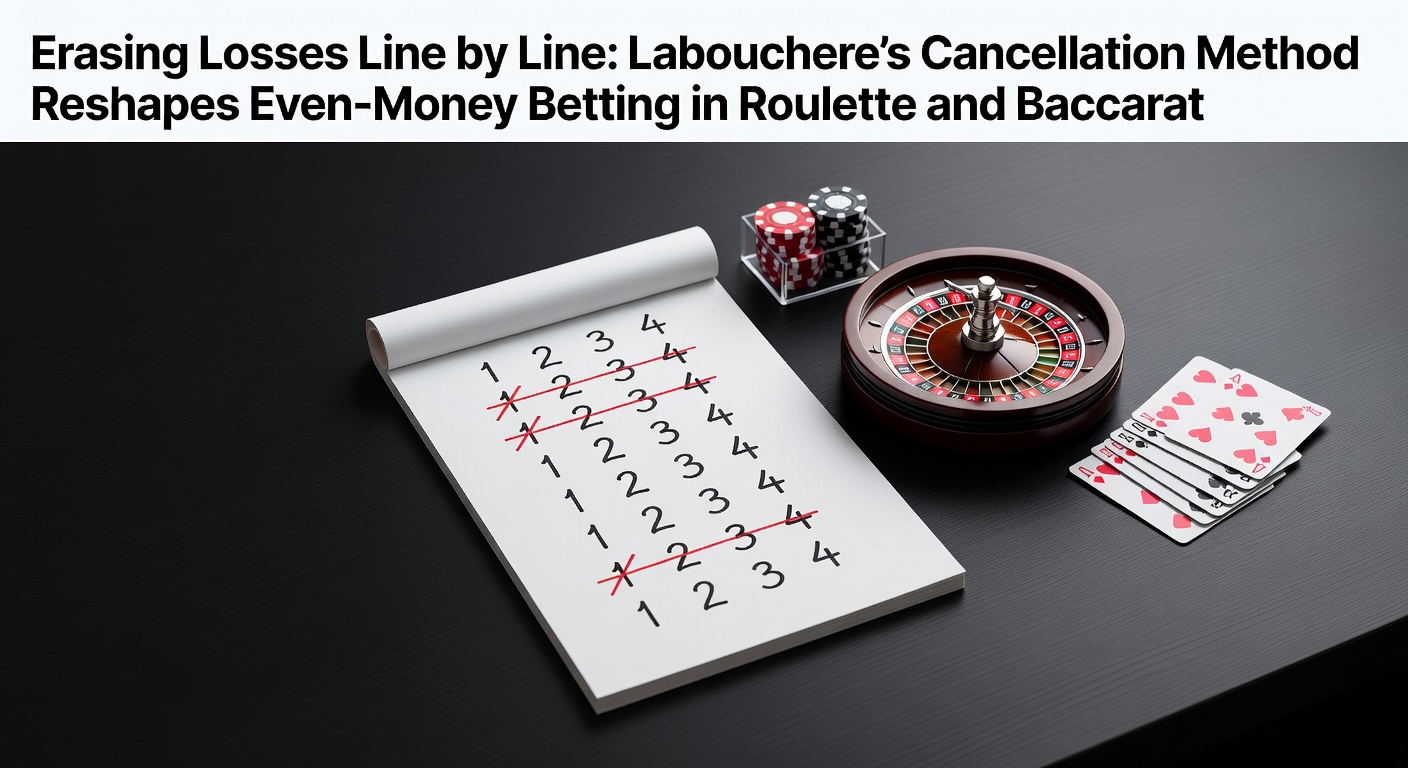 Illustration of a Labouchere betting sequence on paper, showing numbers crossed out after wins and losses in a roulette game