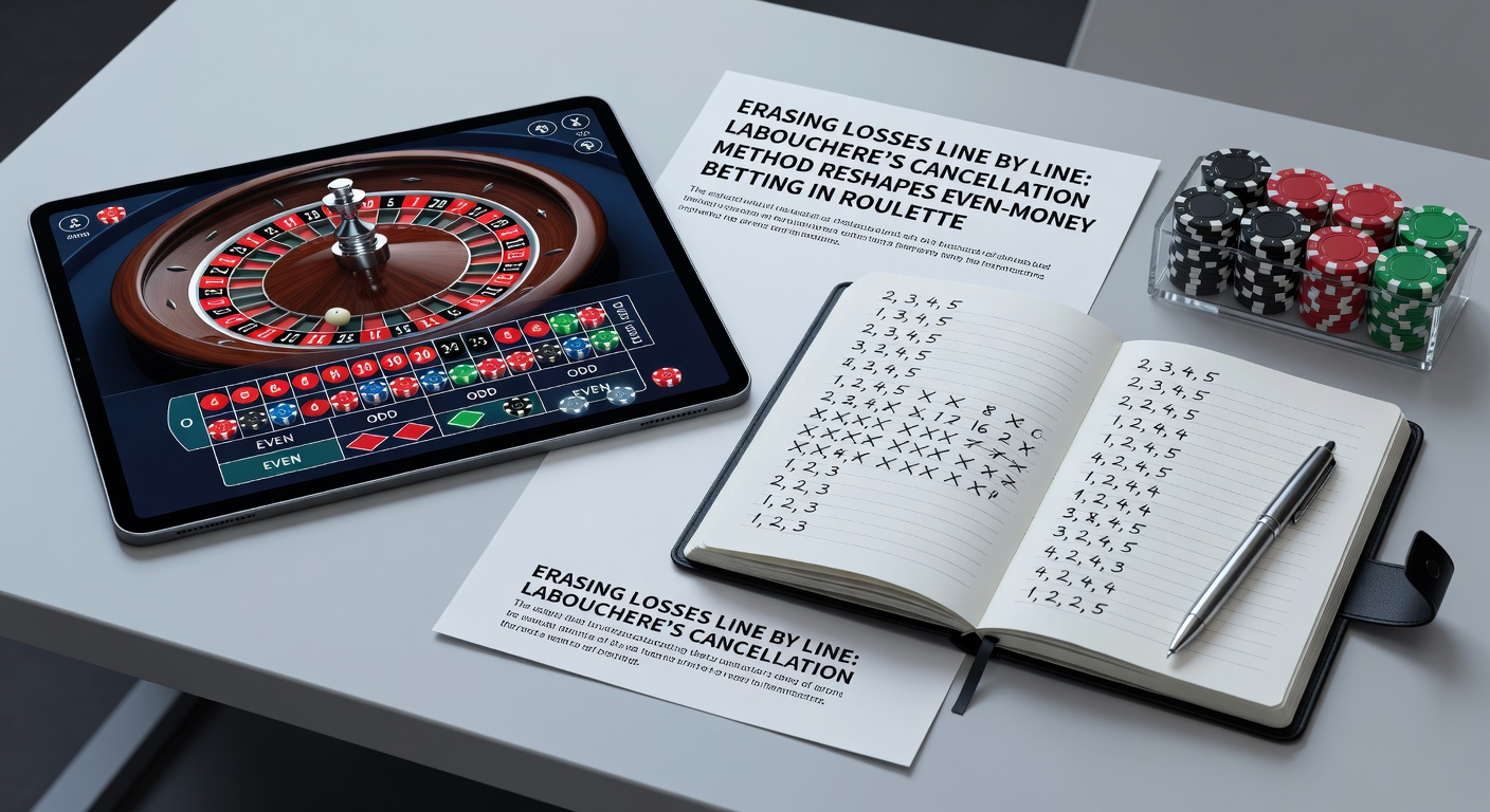 Close-up of a baccarat table with a Labouchere progression chart, highlighting crossed-out numbers after a series of wins and losses