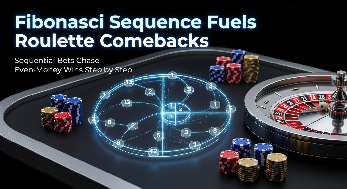 Roulette table displaying Fibonacci sequence bets on even-money options like red and black, with chips stacked in progressive order