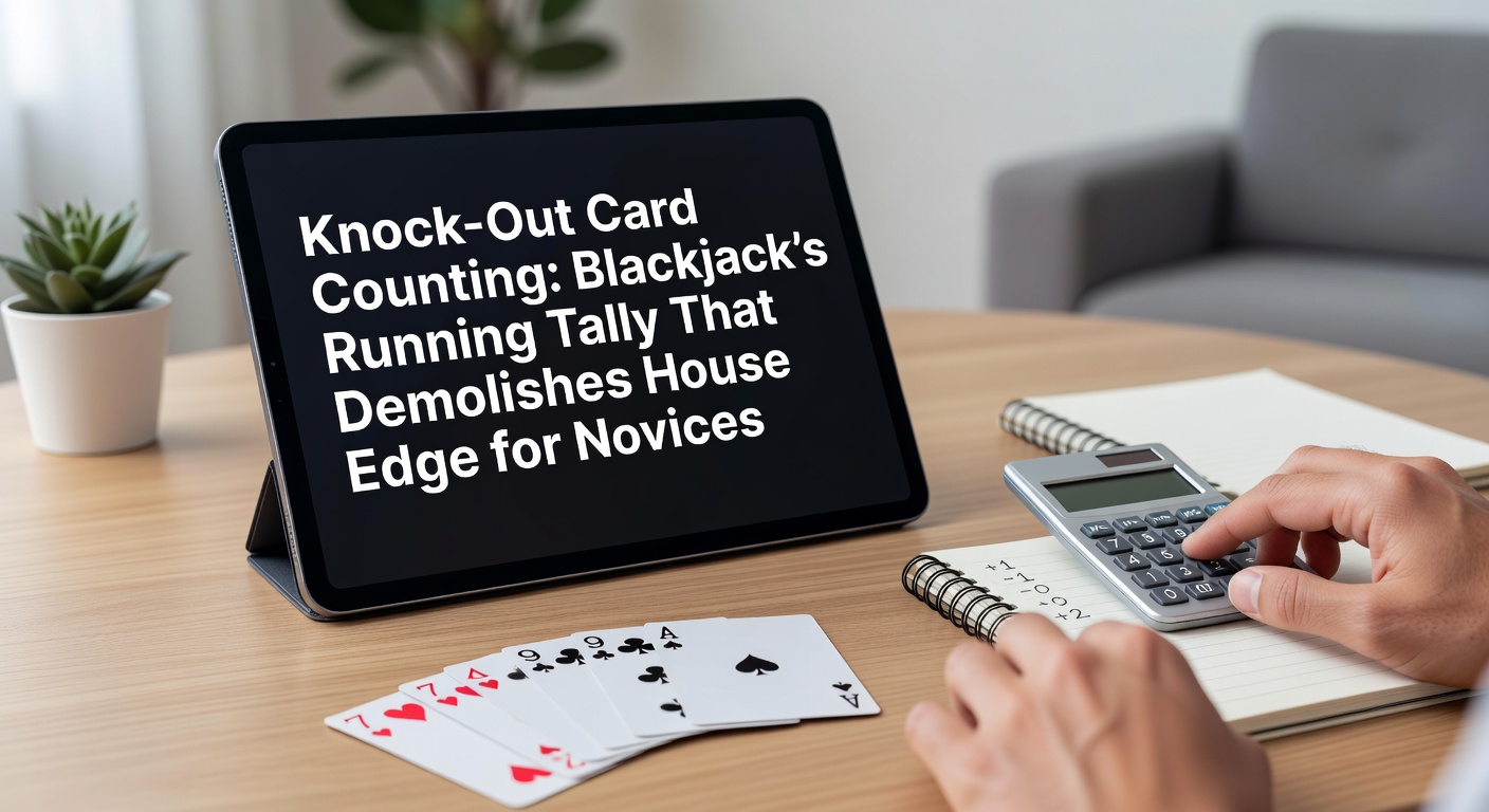 Illustration of a blackjack table with cards flying and a running count tally board in the background, highlighting the simplicity of Knock-Out system for novices