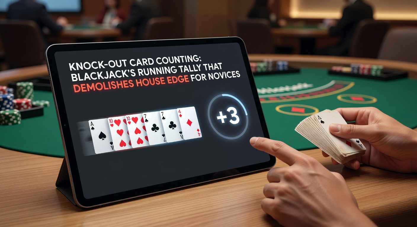 Close-up of a dealer's shoe with highlighted high and low cards, alongside a notepad showing a rising Knock-Out running count from -4 to +12, demonstrating bet ramping for novices