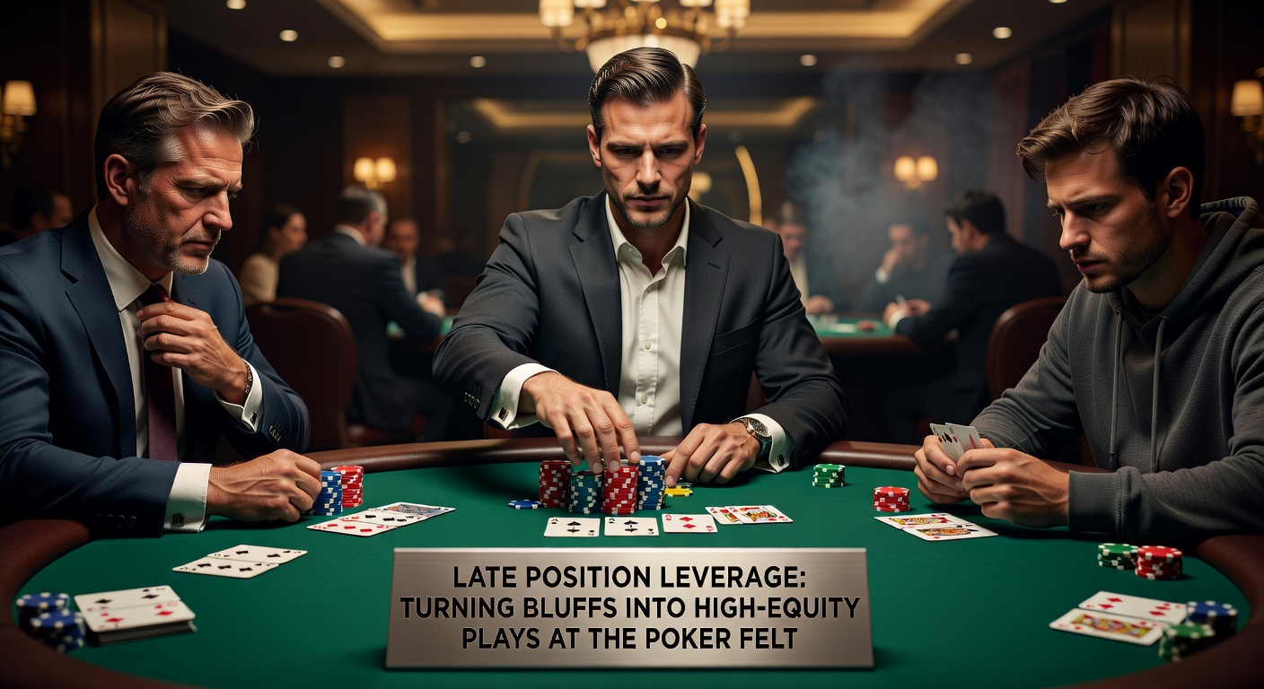 Poker players at a table highlighting late position advantage with chips and cards in focus during a tense hand