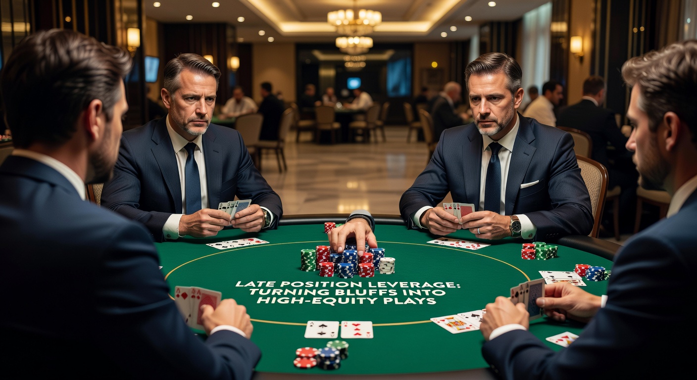 Close-up of a poker bluff in late position, showing a player's confident raise with a weak hand while opponents fold