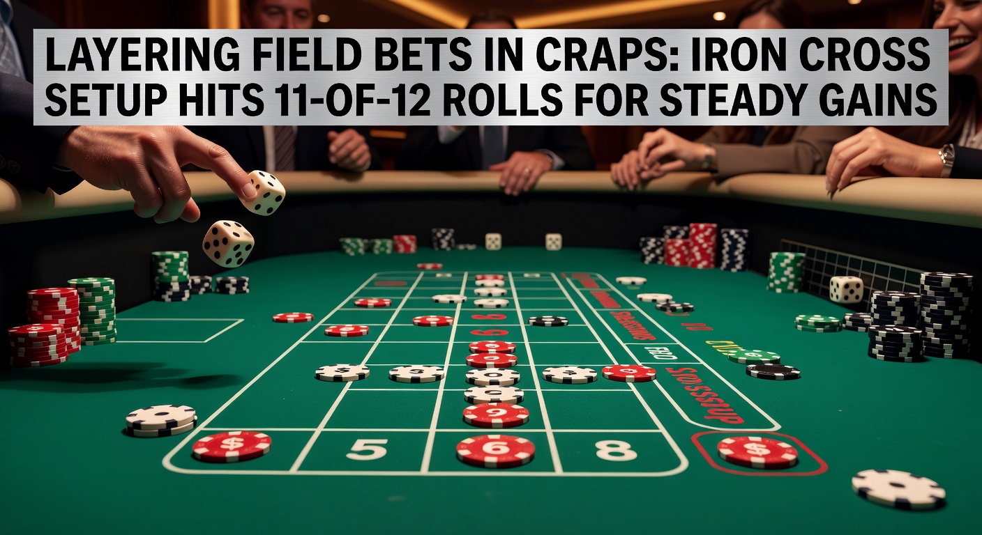 Vibrant craps table layout showing placed Iron Cross bets including field numbers and place bets on 5, 6, 8