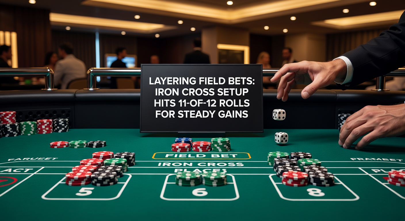 Close-up of dice rolling a field number with Iron Cross bet markers on a green felt craps table