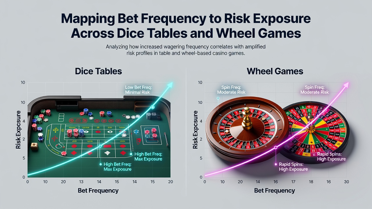 Charts and graphs mapping bet frequency against risk exposure metrics for dice and wheel games