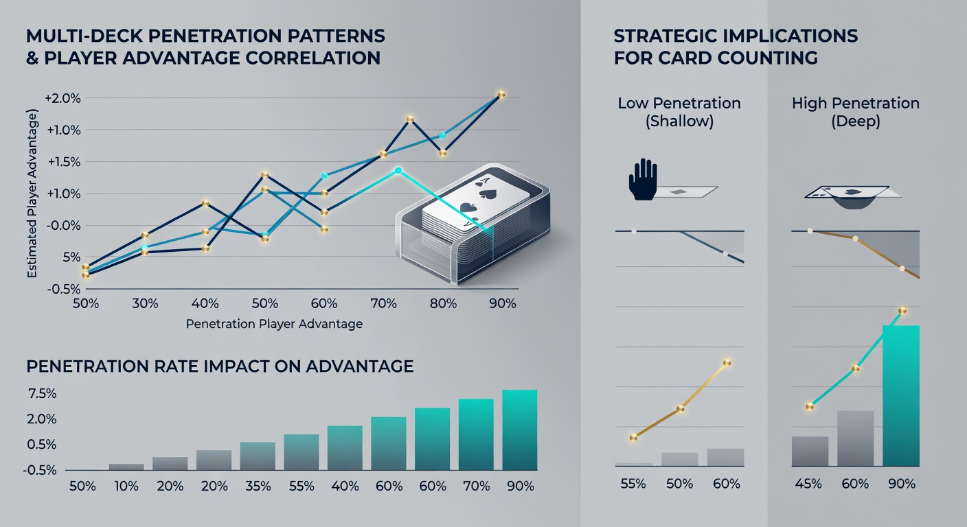 Chart displaying penetration rate percentages versus average player advantage across sample multi-deck blackjack sessions