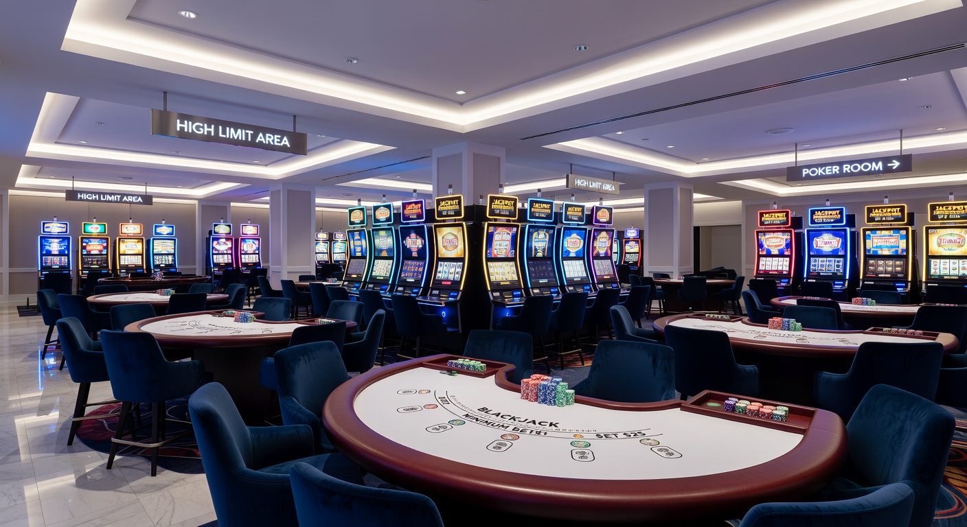 Casino floor layout showing strategic placement of gaming tables and slot areas that influence player movement and betting decisions
