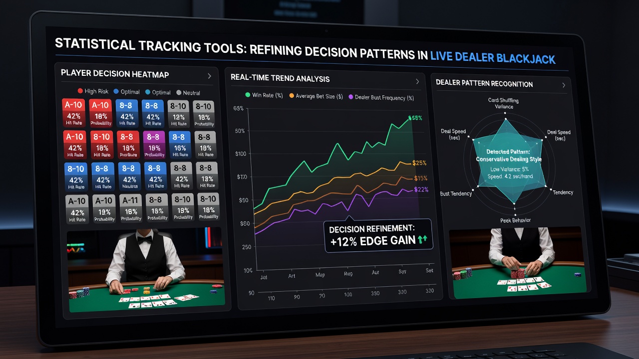 Live dealer blackjack table with overlaid statistical tracking interface showing real-time decision metrics