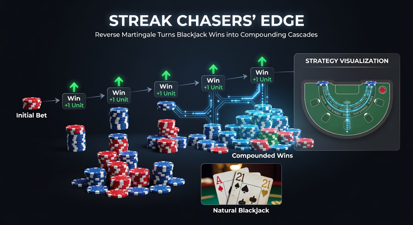 Graph depicting bet progression in reverse Martingale during a blackjack streak, with green upward arrows for wins and red reset on loss