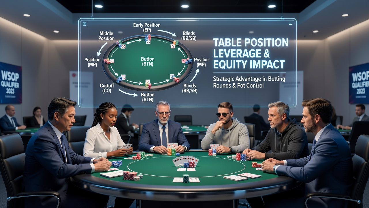 Close-up view of poker chips and cards on a tournament table, illustrating the strategic advantage of acting last in a betting round