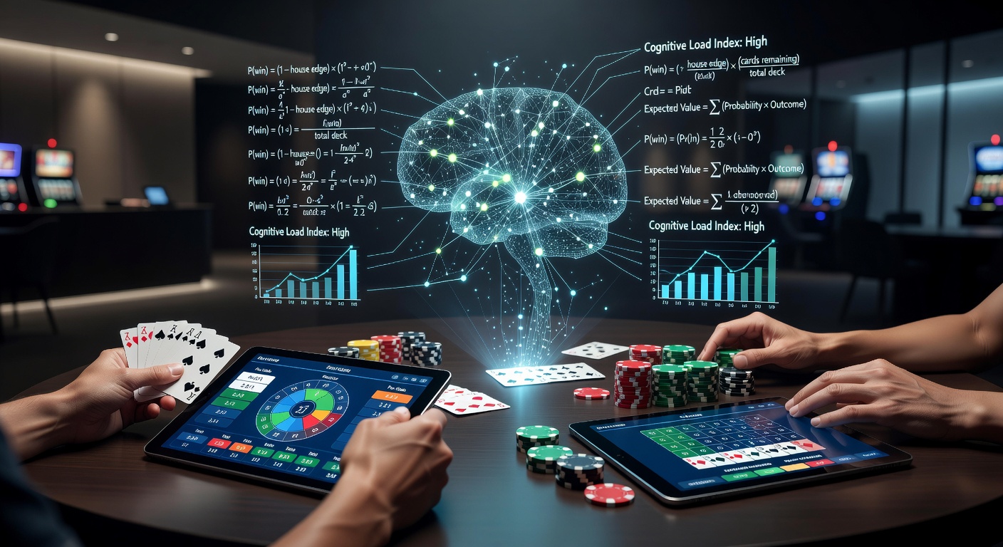 A focused player at a blackjack table calculating odds amid dim casino lighting and stacked chips