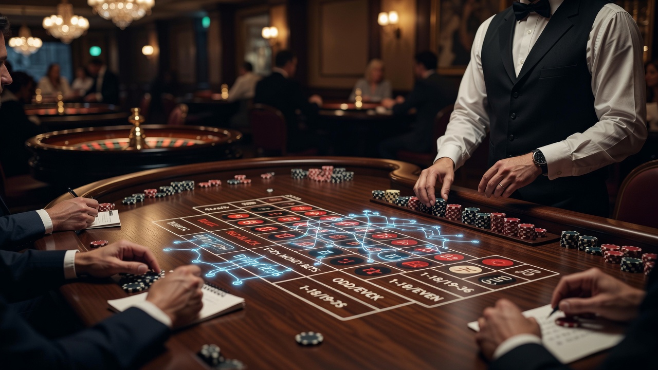Close-up view of a player recording cancellation sequences on paper at a casino baccarat table