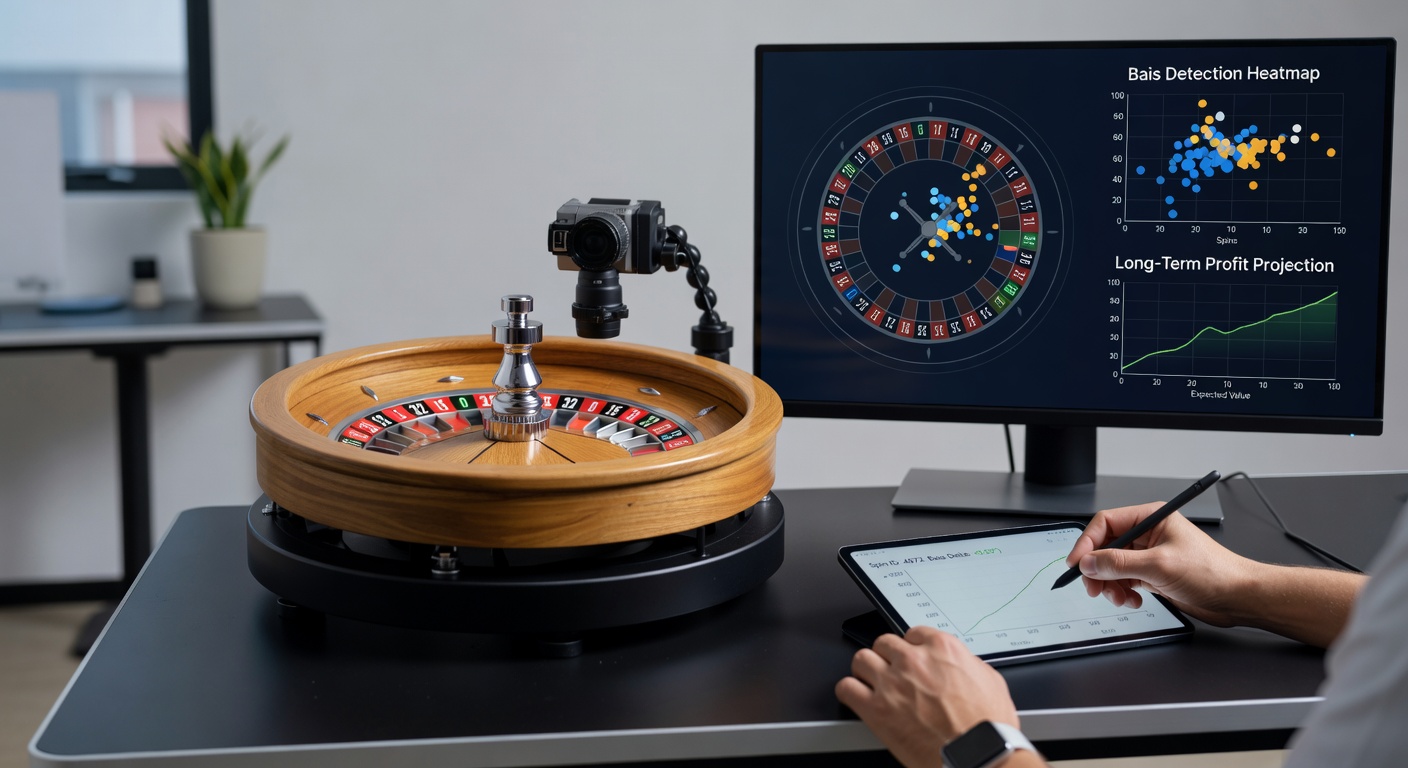 Close-up of a roulette wheel revealing subtle physical imperfections in pocket alignment and wear patterns that can lead to detectable biases